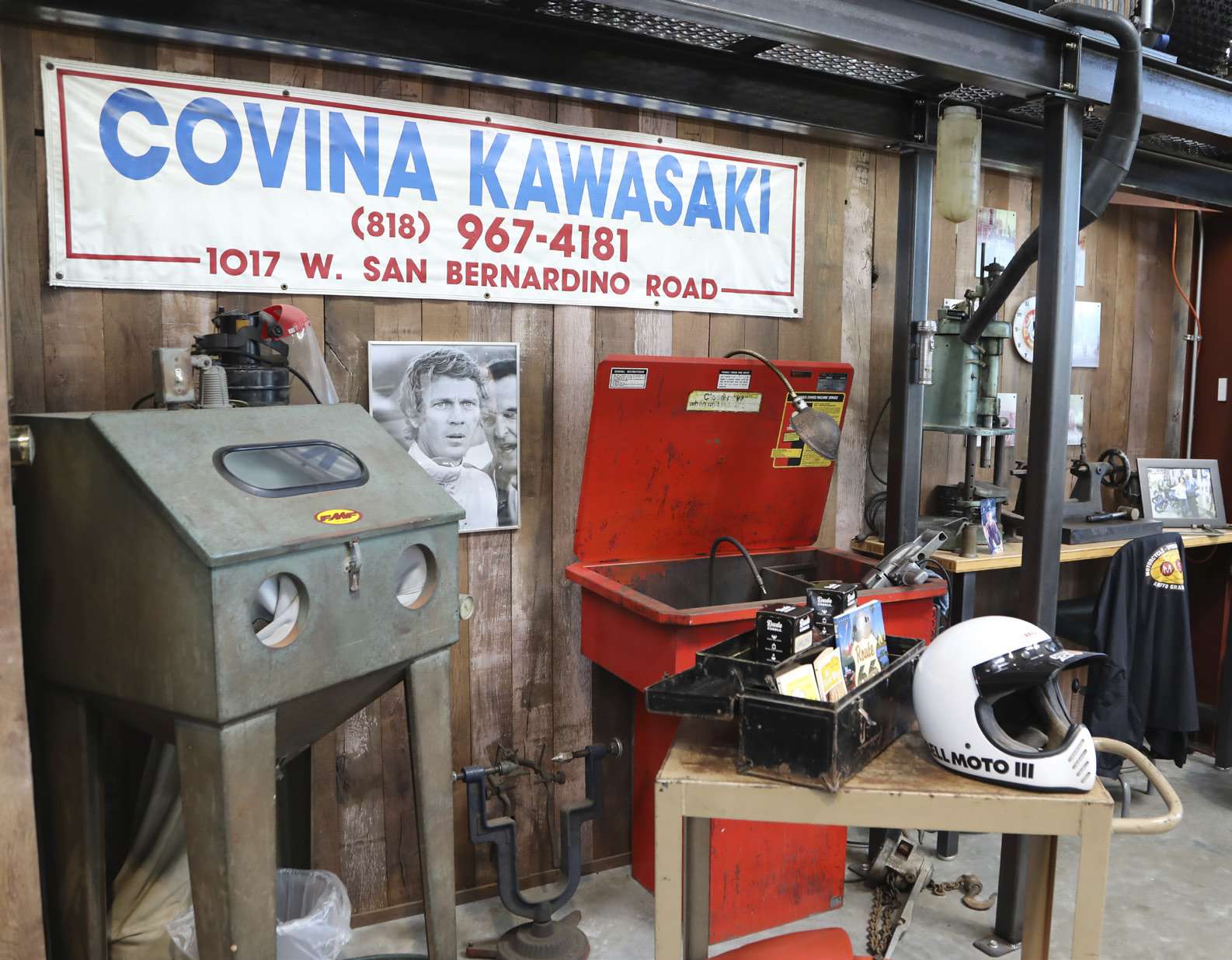 In his personal shop and collection, Cottrell has an area replicating his dad’s original motorcycle repair shop